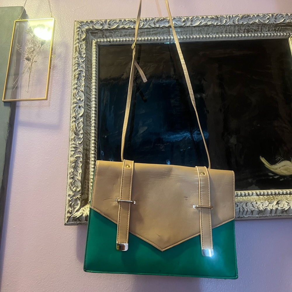 Elegant Lauren Moffett Tan and Green satchel Bag